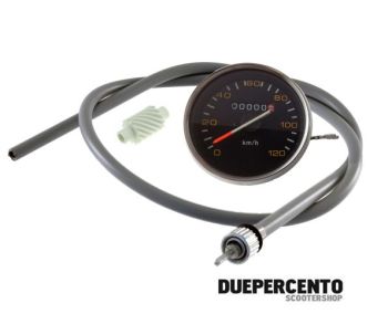Contachilometri Ø 85mm, scala 120km/h fondo nero, cornice cromata, per Vespa P125-150X/ PX125-200E/ Lusso 1°/ P150S/ P200E