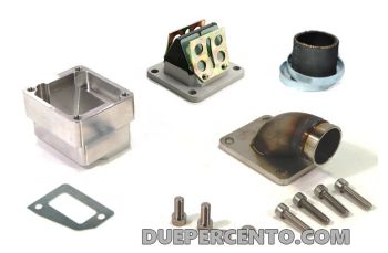 Collettore aspirazione lamellare MRP 36mm per carter PIAGGIO con foro lungo per Vespa PX125-200 / P200E / GT/ Sprint/ TS/ Rally180-200/ T5/ Cosa