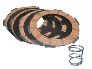 Dischi frizione per frizione monomolla, 4 dischi sughero, 3 infradischi, 1 molla rinforzata per Vespa 50/ 50 Special/ ET3/ Primavera/ PK50-125