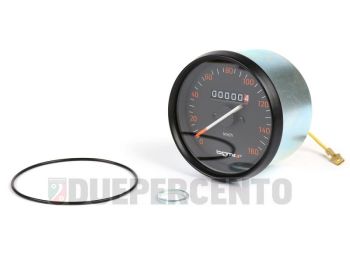 Contachilometri BGM PRO, Ø 85mm, scala 160km/h fondo nero, cornice nera per Vespa P125-150X/ PX125-200E/ Lusso 1°/ P150S/ P200E