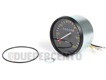 Contachilometri BGM ORIGINAL, Ø 85mm, scala 120km/h fondo nero, cornice nera per Vespa P125-150X/ PX125-200E/ Lusso 1°/ P150S/ P200E