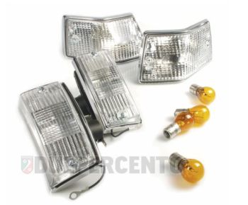 Kit frecce BGM ORIGINAL anteriori e posteriori, vetro bianco, cornice cromata per Vespa PX125-200/ P200E/ MY/ T5