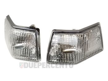 Coppia frecce posteriori PIAGGIO, vetro bianco, cornice cromata per Vespa PX125-200/ P200E/ MY/ T5