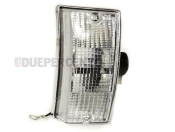 Freccia anteriore destra PIAGGIO, vetro bianco, cornice cromata per Vespa PX125-200/ P200E/ MY/ T5