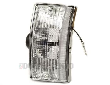 Freccia anteriore sinistra PIAGGIO, vetro bianco, cornice cromata per Vespa PX125-200/ P200E/ MY/ T5