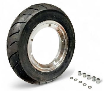 Ruota completa Unidirezionale DUNLOP SCOOTSMART 3.00-10, con cerchio tubeless 2.0 SIP PERFORMANCE 2.10-10 alluminio lucido per Vespa Smallframe