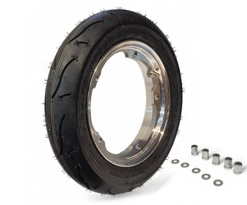Ruota completa Unidirezionale BGM Sport 3.50-10", con cerchio tubeless VMC 2.10-10 argento lucido per Vespa Largeframe