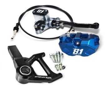 Kit freno a disco anteriore radiale OTTOPUNTOUNO pinza blu Hurricane, supporto nero per forcella ZIP SP per Vespa 50/ 50 Special/ ET3/ Primavera