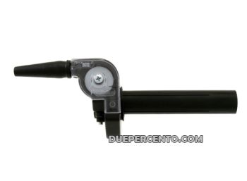 Comando gas super rapido DOMINO 90° senza manopola, corpo in alluminio nero piastrina trasparente, per Vespa 50/ 50 Special/ ET3/ PK50-125/ PX125-200/ P200E/ Rally/ GTR/ TS/ Sprint