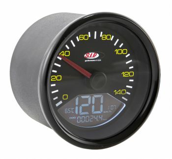 Contachilometri e contagiri SIP 2.0, Ø 85mm, fondo nero, cornice nera, 14.000rpm per Vespa P125-150X/ PX125-200E/ Lusso 1°/ P150S/ P200E